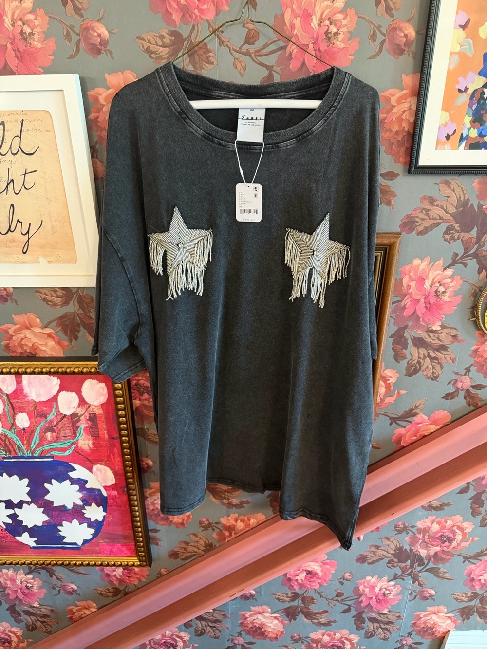 Oversized Washed Charcoal Short Sleeve Tee with Star Fringe Accents